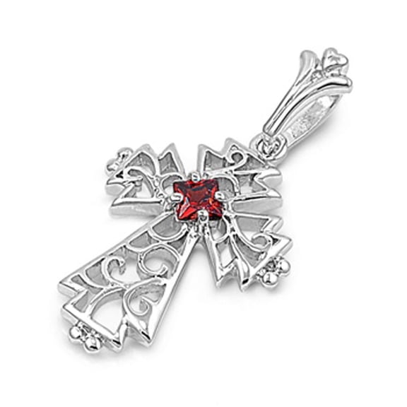 Sterling Silver Solitaire Ornate Medieval Cross Pendant Simulated Garnet Charm Jewelry Female Unisex