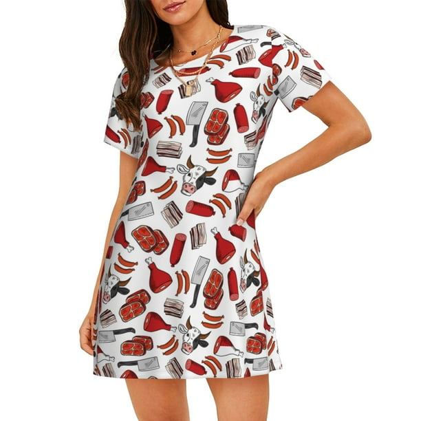 Fotbe Red Food Bata de Dormir para Mujer con Estampado, Camisón de Algodón de Manga Corta, Ropa de Dormir Casual