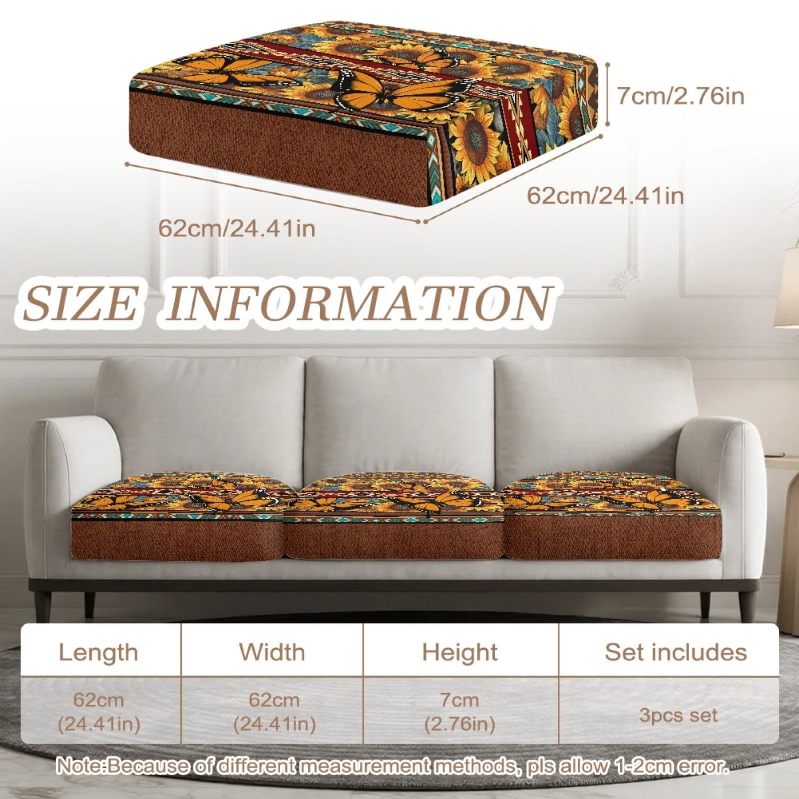 COEQINE Stretch Sofa Cover Fitted Individual Couch Cushion Cover Patterned Seat Cushion Slipcover Pet Sofa Slipcover Replacement for Living Room, 3 Pack, American Tribal Butterfly Sunflower