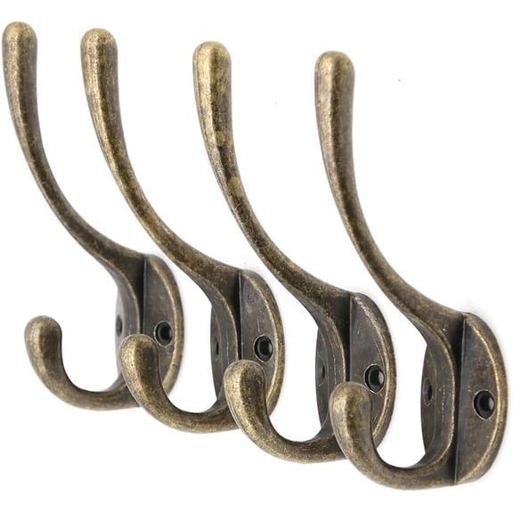 ABCISI 4 PCs Antique Brass Wall Hooks – Vintage Dual Prong Wall Mounted Hooks - Rustic Hangers for Coats, Bags, Towels, Hats, Height 3.9-in (10 cm)