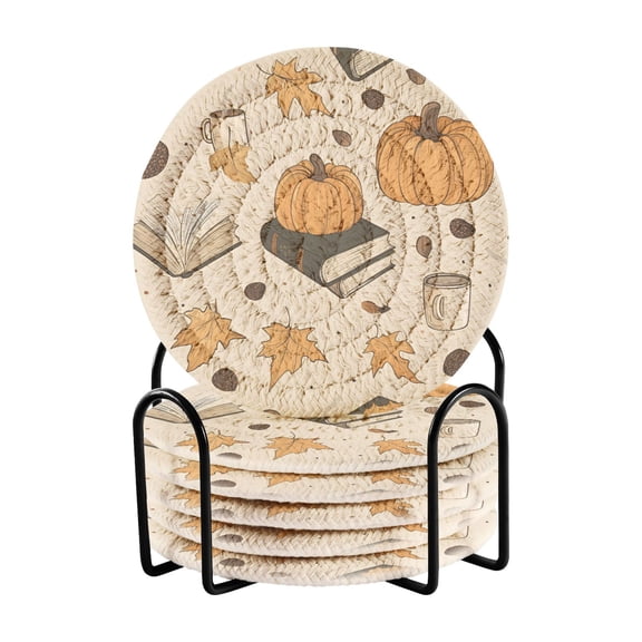 Yayeee 6 PCS Drink Coasters with Holder Set Woven Absorbent Round Tabletop Hot Pad, Beige Fall Books