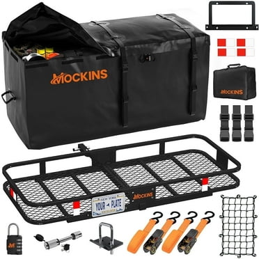 Mockins 60"x24"x6" Trailer Hitch Cargo Carrier with 25 Cu.Ft. Black Cargo Bag and Accessories