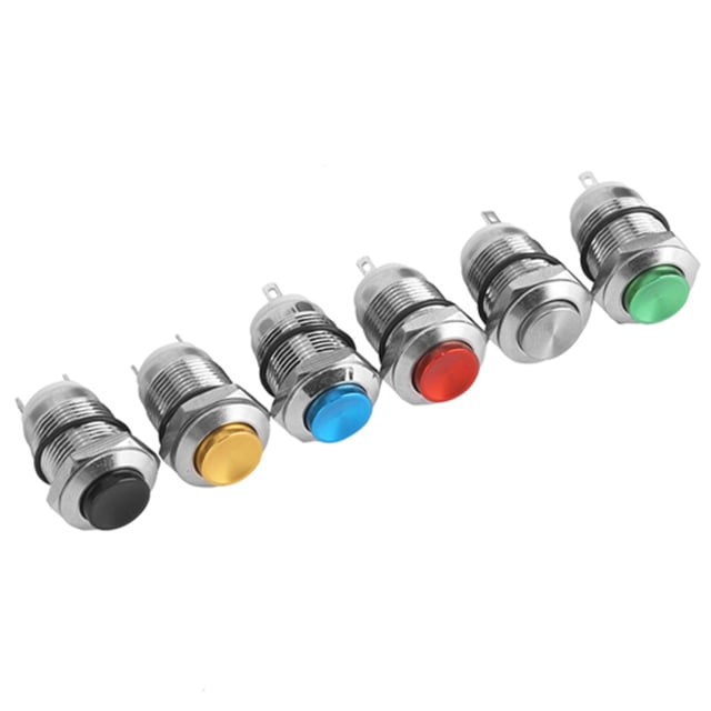 6 interruptores de botón metálicos de 2 pines, IP67, resistentes al agua, con reinicio sin luz, 12 mm (rojo, verde, amarillo, azul, negro, metálico).