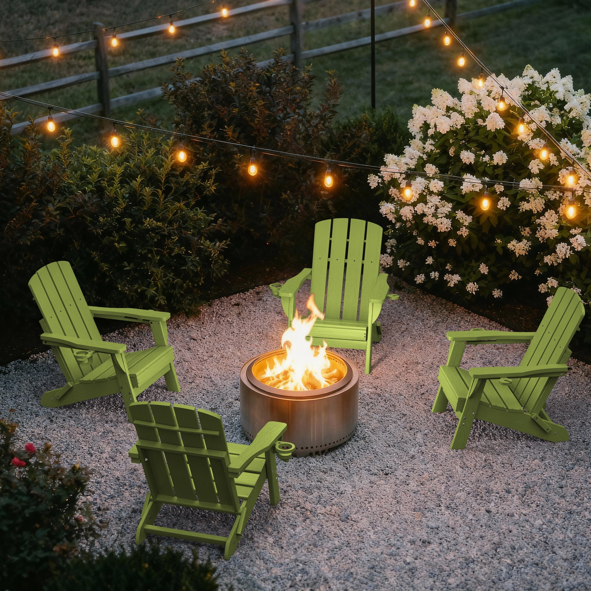 SUUNYN Folding Adirondack Chair, HDPE All-Weather Fire Pit Chairs, Plastic Adirondack Chairs with 2 Cup Holder,Light Green