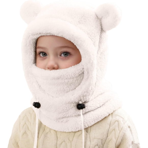 Cagoule de Ski en Polaire pour Enfants Garçons Filles Bonnet d'Hiver avec Foulard et Masque Coupe-Vent Chaud Ajustable avec Cordon de Serrage, Taille Unique-Blanc