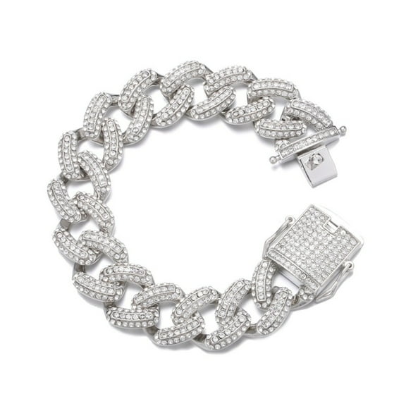 FEEL STYLE Male 19MM Zircon Silver Plated Fat Cuban Chain Bracelet for Men Teen 7"