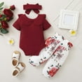 thumbnail image 2 of Pejock Newborn Toddler Infant Baby Girls Clothes Romper Pants Set Summer Short Sleeve Top Printed Pants Bow Headband 3-piece Set, 6-9Months, 2 of 6