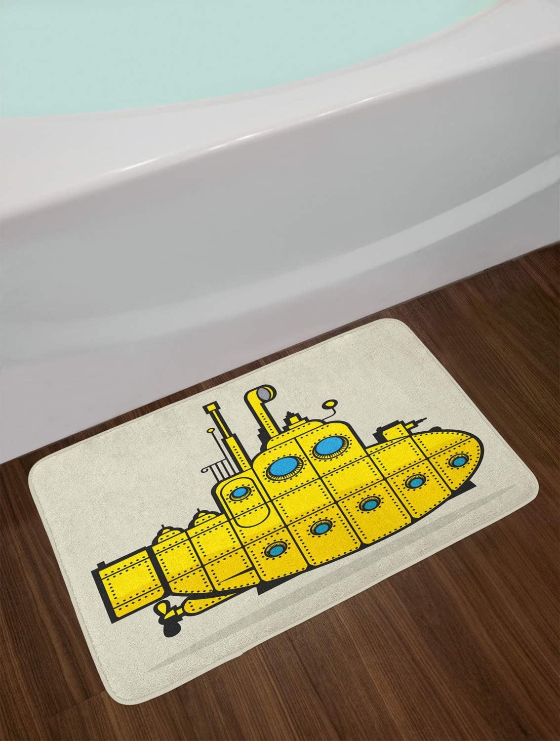 Yellow Submarine Bath Mat, Retro Grunge Marine Vessel Industrial Nautical Ocean Theme, Plush Bathroom Decor Mat with Non Slip Backing, 29.5" X 17.5", Blue Gray