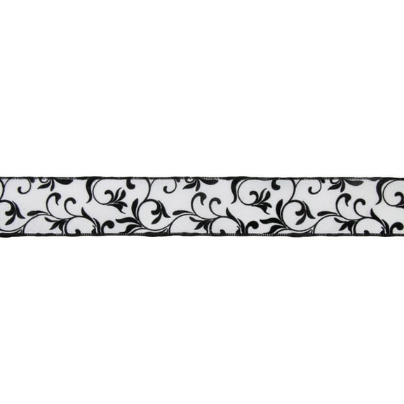 Northlight Black Grosgrain with White Floral Design Wired Craft Ribbon 2.5" x 10 Yards