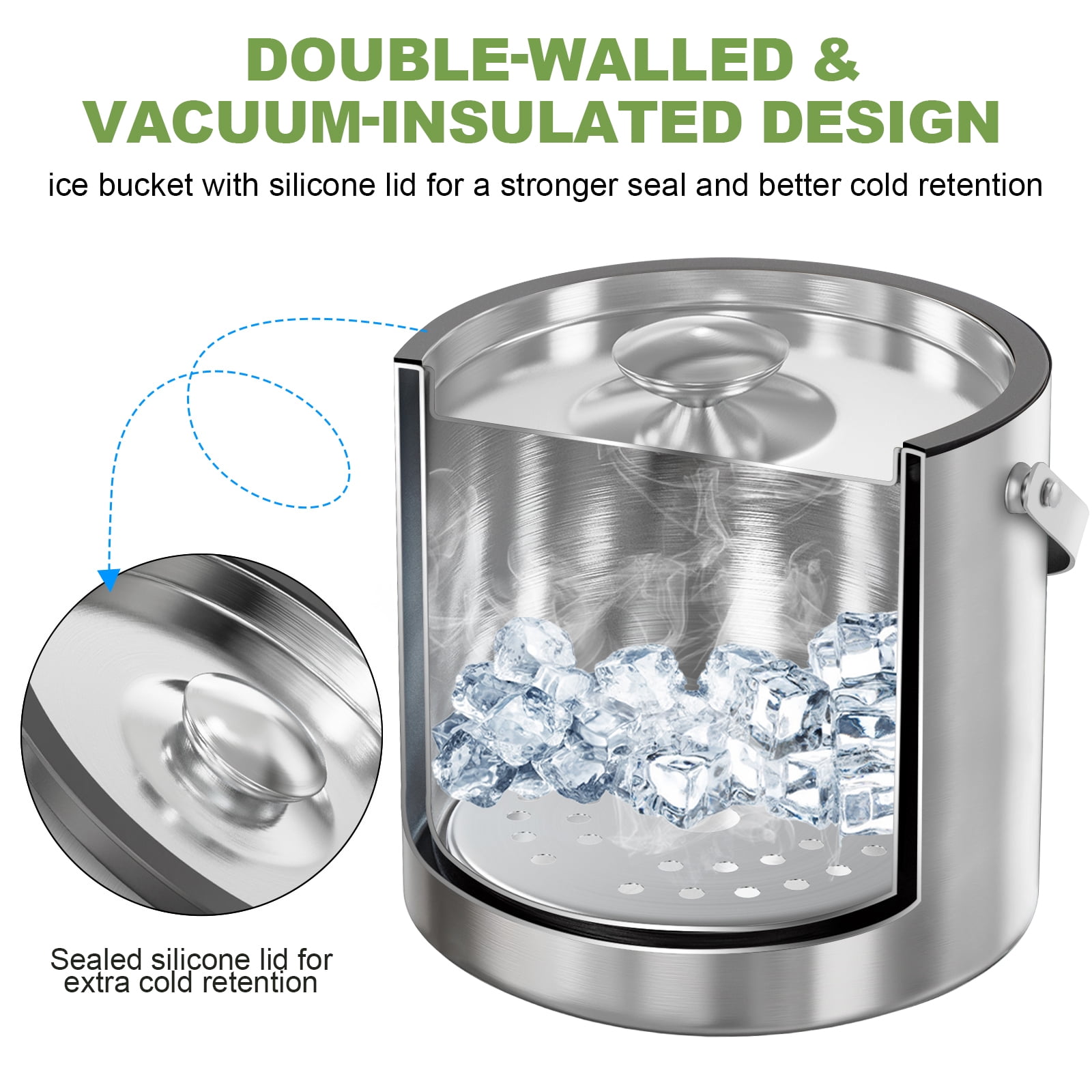 3.2L Double Wall Stainless Steel Ice Bucket with Lid,Scoop, Updated Insulated Ice Bucket for Cocktail Bar and Parties