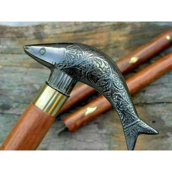 NAUTICALMARTUS BYWooden Walking Stick Vintage Antique Style Brass Victorian Fish Handle Cane Gift