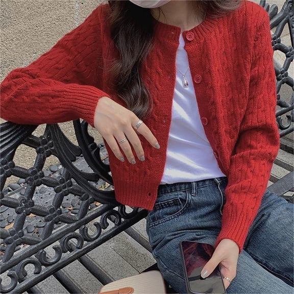 Women Button Down Crop Sweater Cardigan Long Sleeve Open Front Crewneck Cardigan Cute Knit Pullover Tops Woman Wool Long Coat Cardigan for Women Lightweight Couture Cardigan Trench Sweater for Women