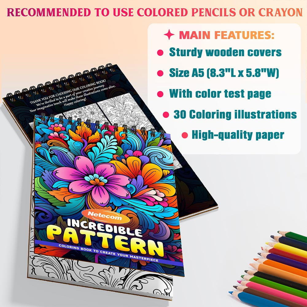 Netecom Incredible Pattern Coloring Book Spiral Bound For Adults, A5 Wooden Cover, 30 Beautiful Coloring Pages of Vibrant Flower and Nature-Inspired Designs for Stress Relief and Relaxation