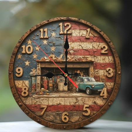 American Flag Garage Clock Unique Vintage Car Decor Wall Clock 10-Inch Silent Wooden Wall Clock, Battery Operated (AA Batteries Not Included), Artistic Home Decor