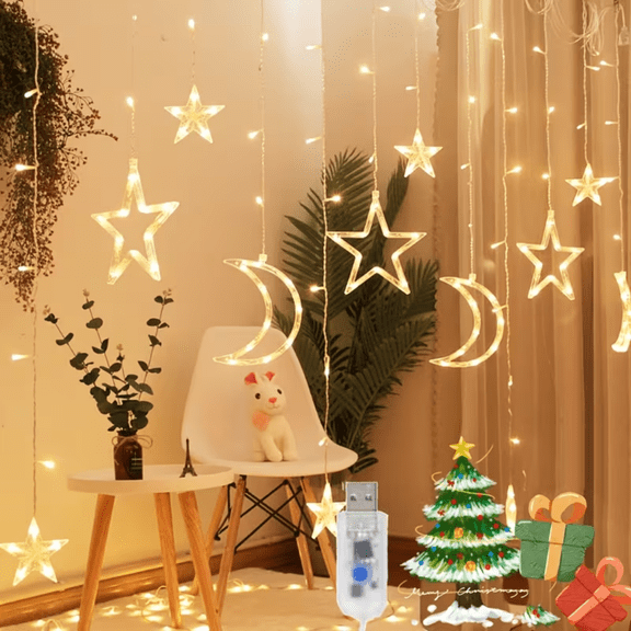 Warm color 11.5 feet decorative starry sky string screen light, moon and star LED night light suitable for home decoration parties, USB power supply