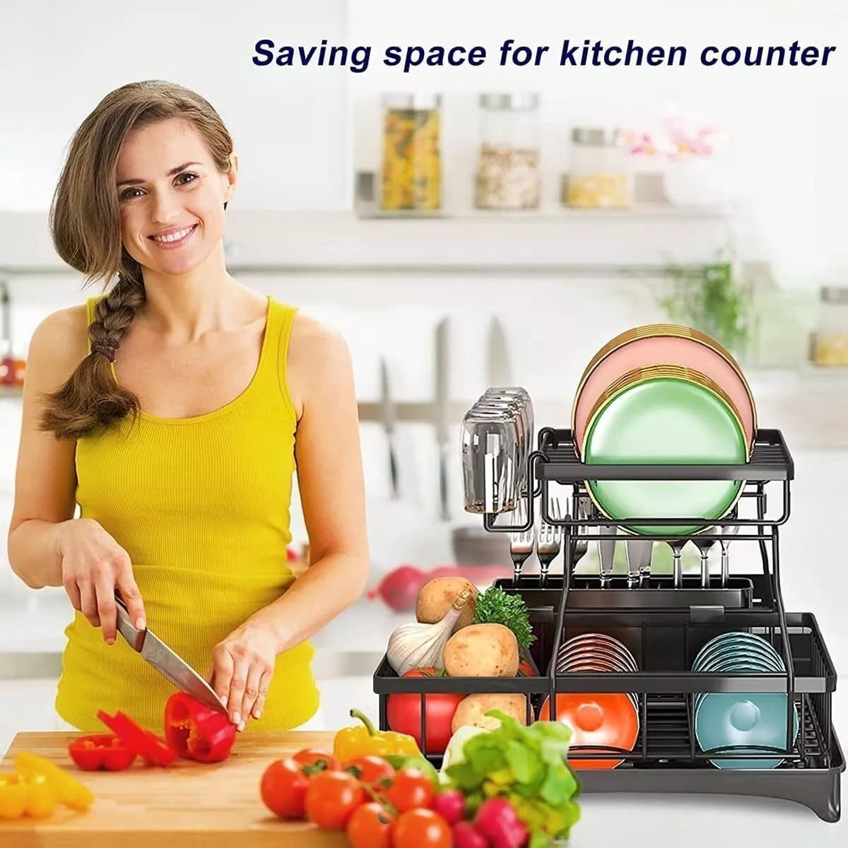 2-Tier Kitchen Dish Drying Rack with Drain Board, Carbon Steel Utensil Holder, Space-Saving Design for Plates, Cups & Cutlery