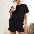 thumbnail image 4 of Women's 2 Pieces Outfits Solid Short Sleeve Ruffle Hem Tops and Elastic Waist Drawstring Shorts PJs Lounge Suits, 4 of 7