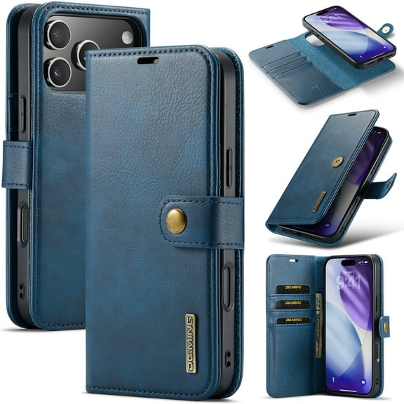 Allytechgroup Wallet Case for iPhone 17 Pro with 3 Card Slots & Cash Pocket, 2 in 1 Detachable Strong Magnetic Case, Retro PU Leather Shockproof Magnetic Clasp Slim Protective Shell, Blue