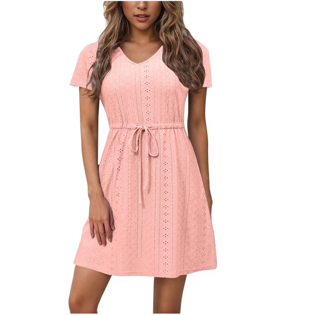 Dvprdro Robe d'Été Décontractée Unie à Manches Courtes pour Femme, Mode Élégante, Col en V, à Nouer, Robe Courte de Plage et Soleil