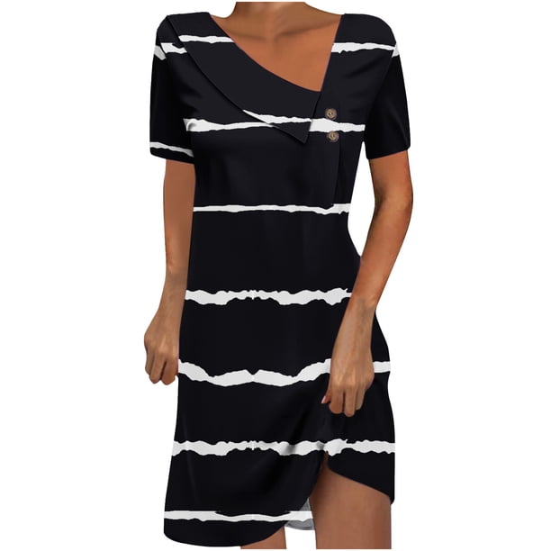 Mini Vestido de Verano de Manga Corta Cuello Redondo Longitud de la Ternera Media, Fluido Impreso Vestido de Verano Corto Casual