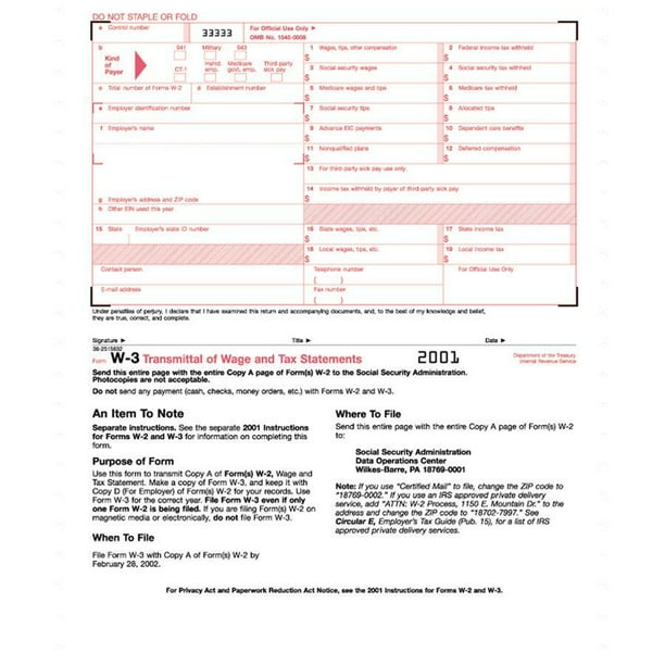 TOPS Continuous W-3 Transmittal of Wage Form - 2 Part - Carbon Copy - 9.50