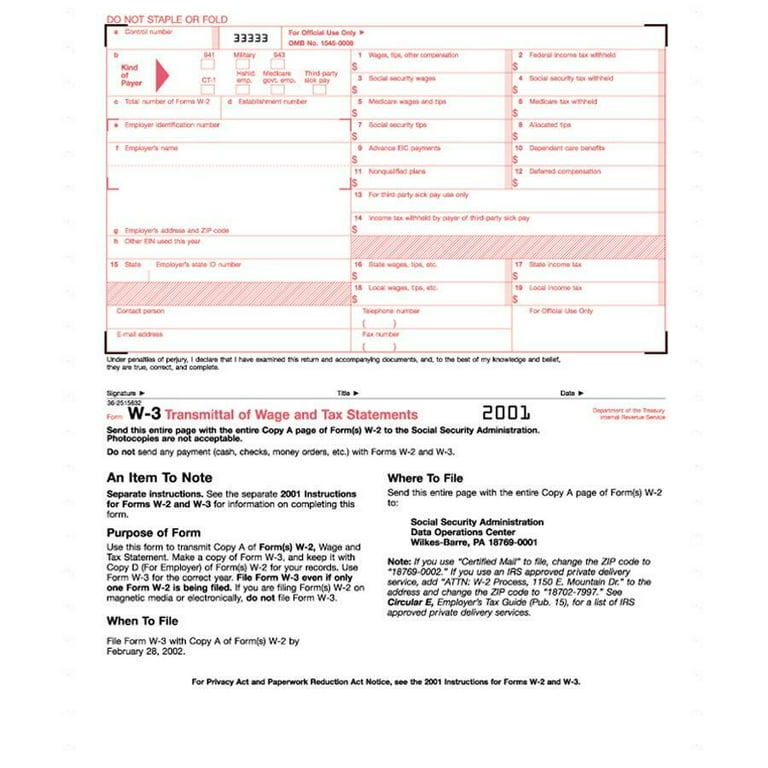 TOPS Continuous W-3 Transmittal of Wage Form - 2 Part - Carbon Copy - 9.50 TOPS Continuous W-3 Transmittal of Wage Form - 2 Part - Carbon Copy - 9.50
