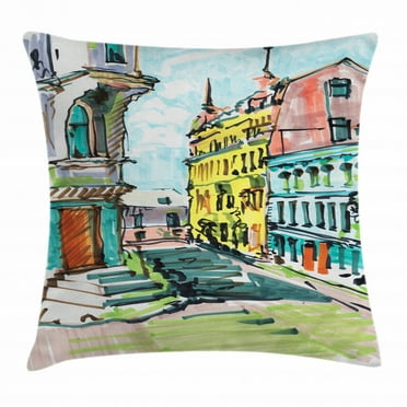 Fine Art Throw Pillow Cushion Cover, Watercolor Sketch Style Hand Drawn City Scenery with Retro Architecture Buildings, Decorative Square Accent Pillow Case, 18 X 18 Inches, Multicolor, by Ambesonne