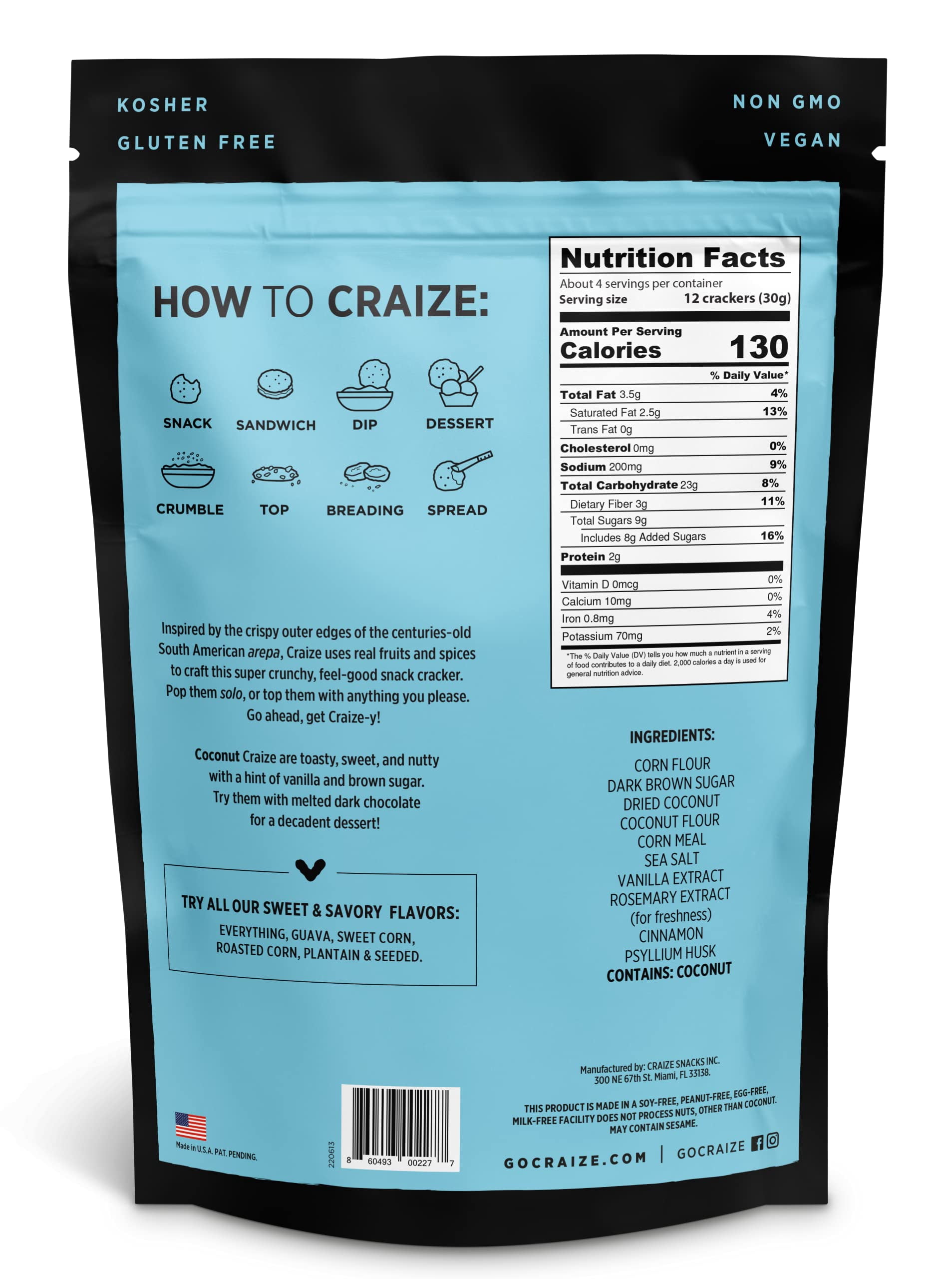 Craize Coconut Crisps | SE33&nbsp;Gluten Free, Vegan, Kosher, Toasted Corn Crackers | 6 pack, 4 oz each