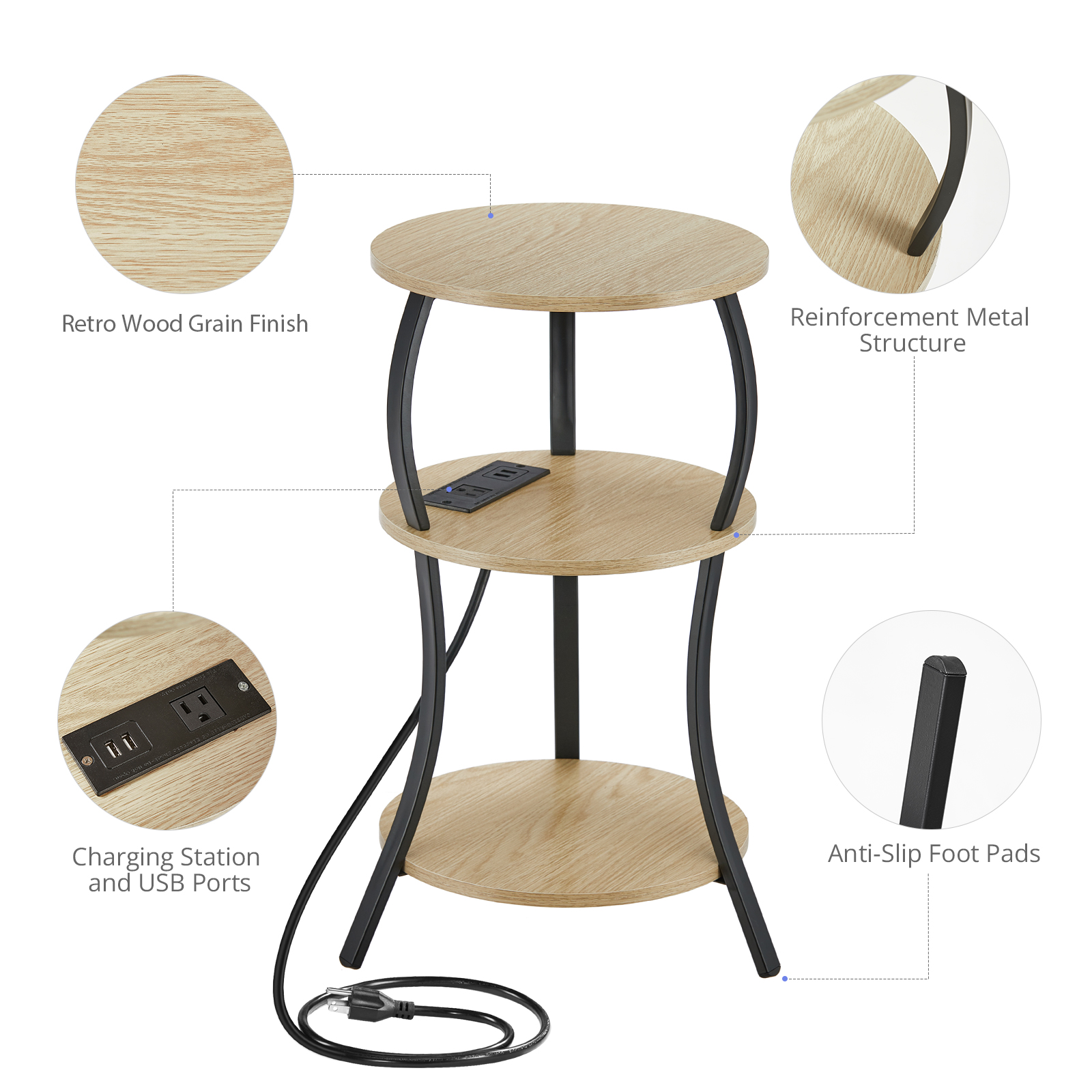 Small Round Side Table with Charging Station, 3-Tier Waist Circular End Table with Storage Shelf, Compact Tea Sofa Side Table Small Spaces, Round Corner Coffee Table for Living Room Bedroon,oak