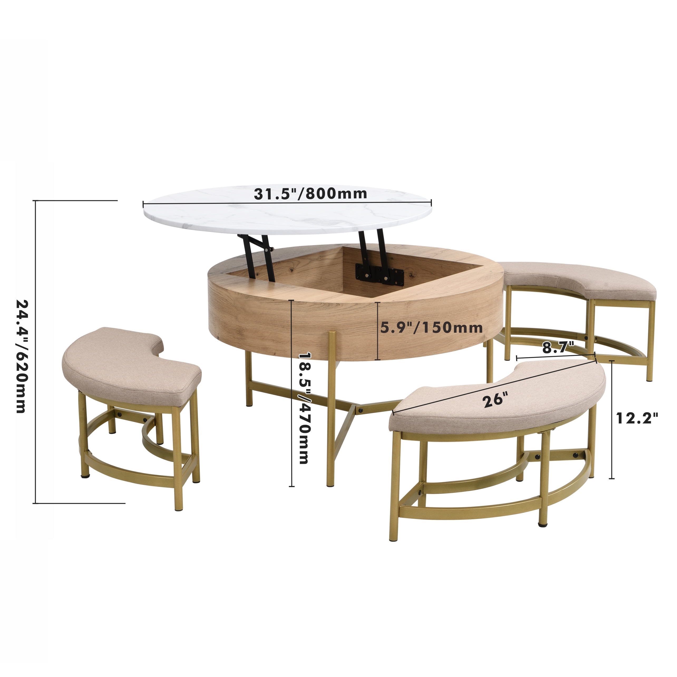 Harper & Bright Designs Round Lift-Top Coffee Table with Ottomans and Storage, Gold Center Table Set with Stools Underneath for Living Room, White & Natural