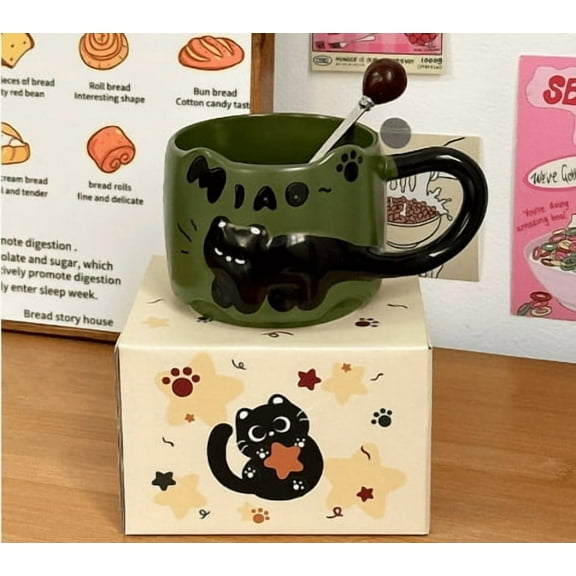 Cat Cat Stacked Cup, Cute Stackable Coffee Mugs with Funny Cartoon Cats Designs, 4 Styles Cute Ceramic Feline Coffee Mugs with Spoon, Gifts for Catlovers Women (Green)