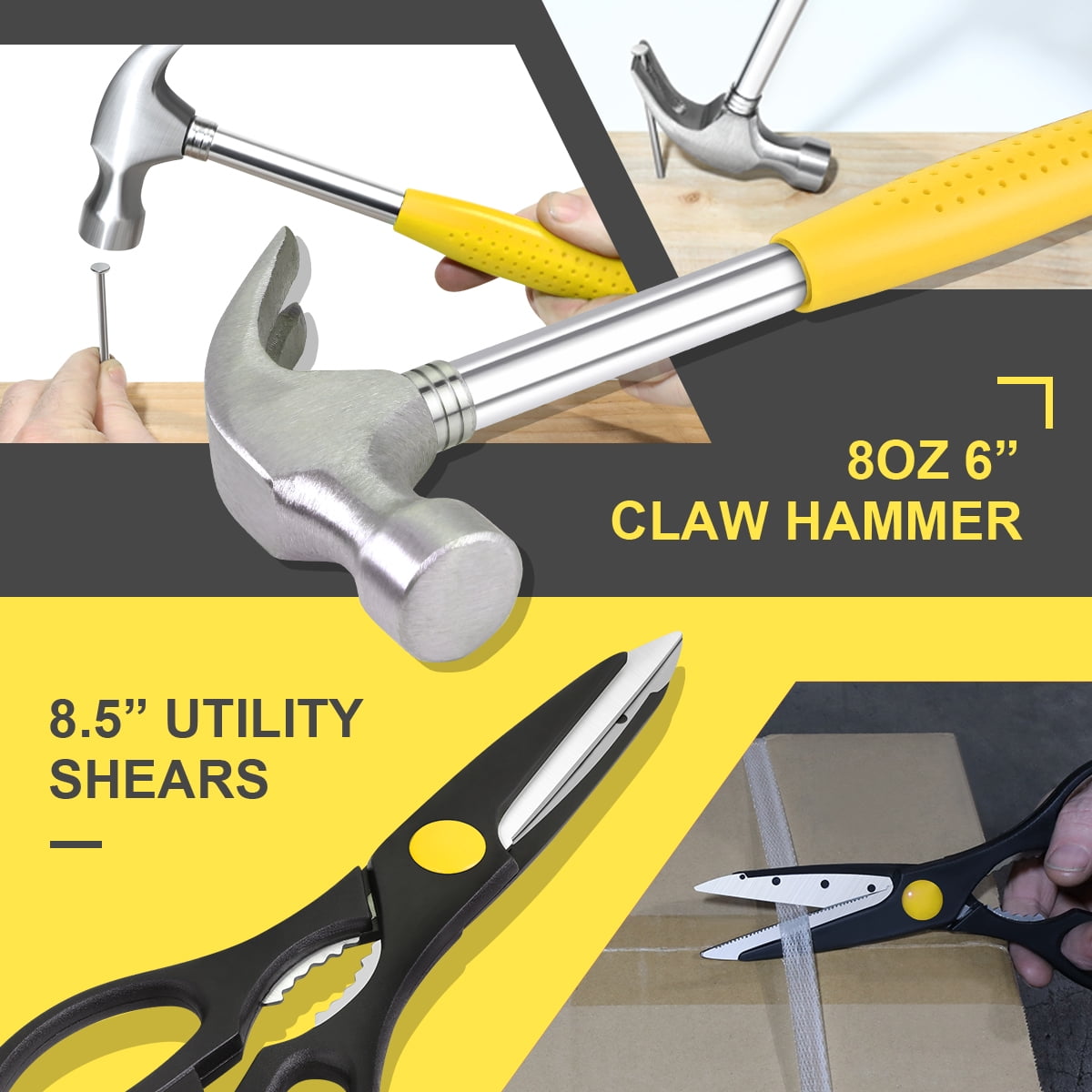 DNA Motoring Yellow 39 PCS Portable Tool Kit with Screwdriver, Pliers, Hammer, Hex Set for Household Repairs