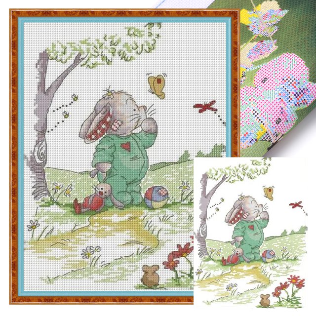 Hilo Algodón Ecológico Bordado Parcial Punto Cruz Mariposa Y Conejo 14CT 28x36cm