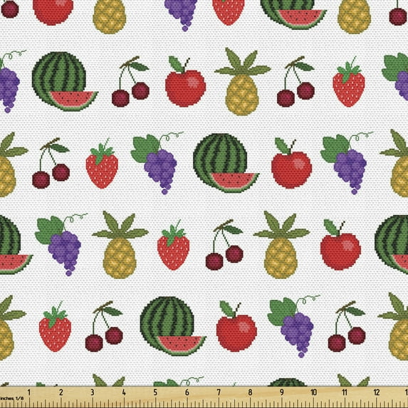Fruits Sofa Upholstery Fabric by the Yard, Pixel Casino Art Cherry Grapes Pineapple Watermelon, Decorative Fabric for DIY and Home Accents, Multicolor by Ambesonne