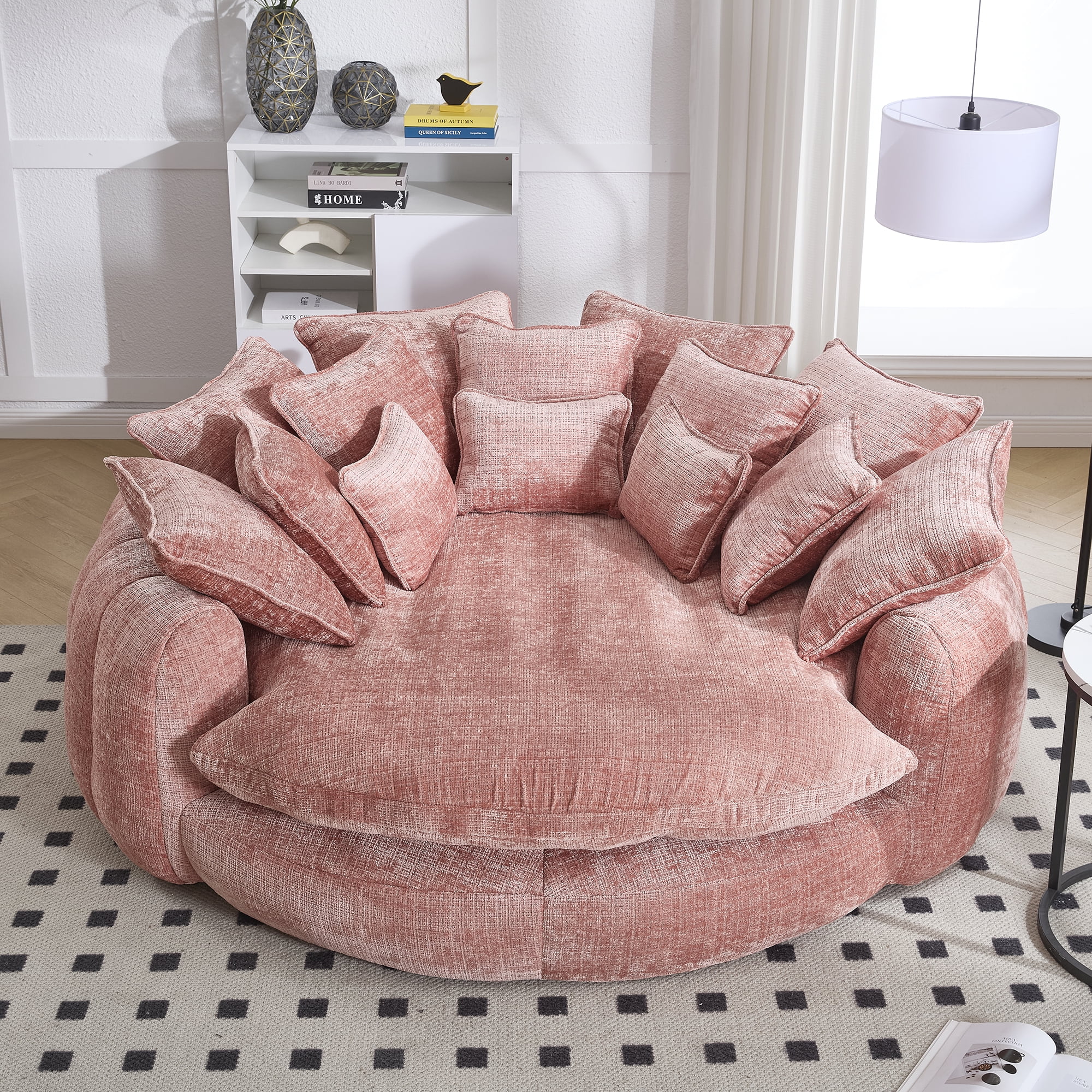 LITVZ Oversized Round Chaise Lounge, 81.1in Extra Wide Barrel Chair for 2 People, Upholstered Cloud Chenille Round Sofa with 14 Pillows, Comfy Fluffy Sleeper Lounge Chair for Living Room
