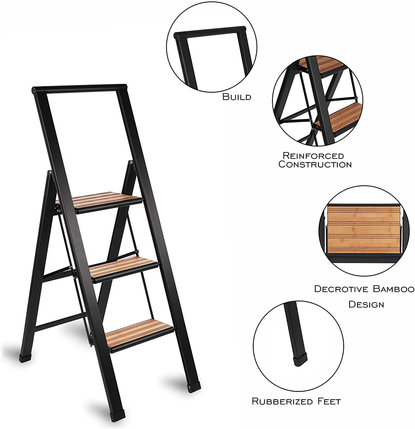 Anti Slip Steps Office Sorfey Premium 1 Step Ladder Modern Bamboo Black Aluminum Finish Sturdy-Portable for Home Lightweight,-Ultra Slim Profile Kitchen Photography Use