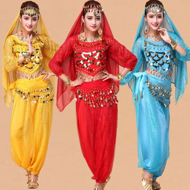 Traje de actuación para adultos, conjunto de danza del vientre, pantalones con realce de manga larga, traje de práctica