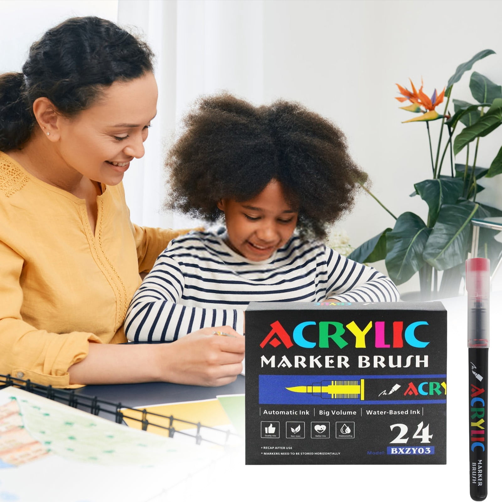 Solivara Soft Brush Tip Acrylic Paint Markers Quick Drying For Canvas Rock Wood Glass Ceramic Diy (Black,One Size)