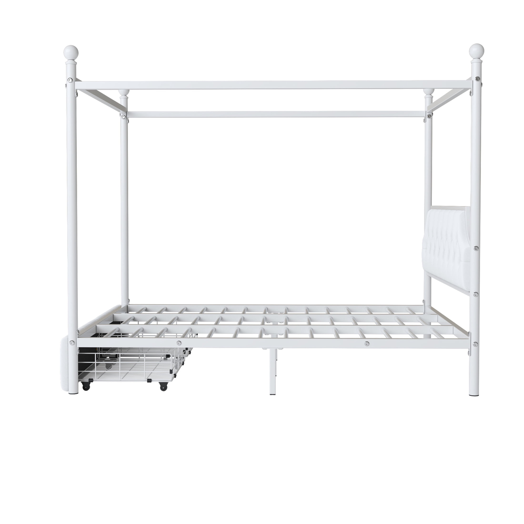 Noble House Carmen Queen Metal Canopy Bed, Platform Frame with Velvet Headboard and Storage Drawers, White