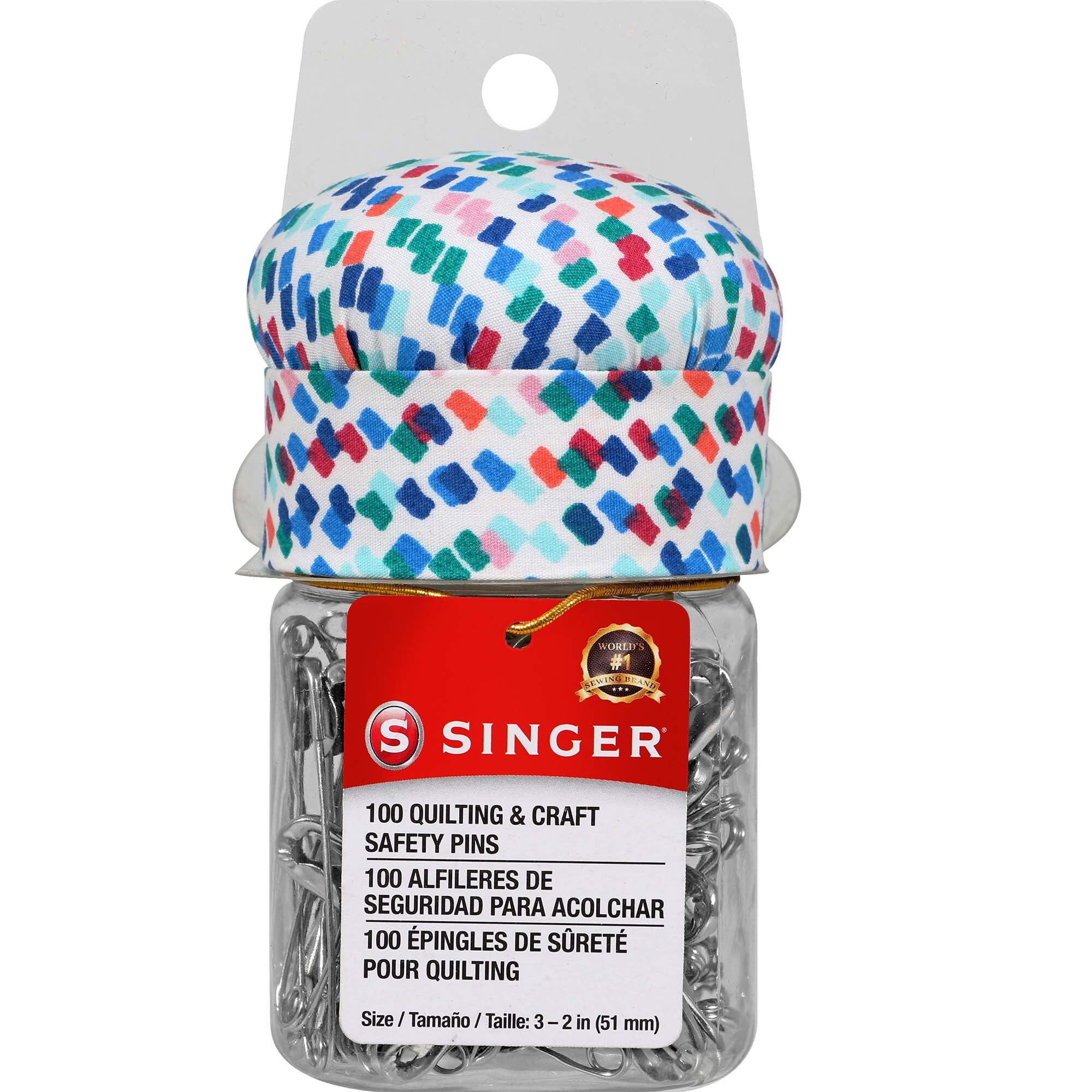 SINGER Quilting Safety Pins with Pin Cushion Top and Reusable Jar , Size 3, 100 Count