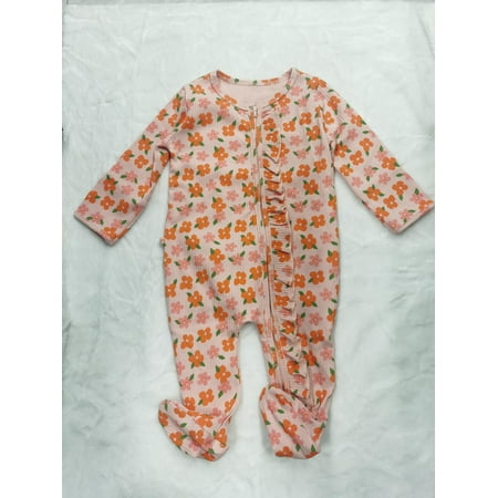 

Newborn Girl Flower Print Jumpsuit Long Sleeve Crew Neck Ruffle Hidden Zipper Closure Footed Romper