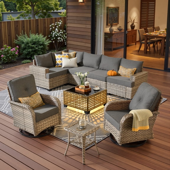 Toject 9 Pieces Patio Furniture Set Outside Furniture Wicker Patio Conversation Set with Swivel Chairs, Outdoor Furniture for Garden, Dark Gray