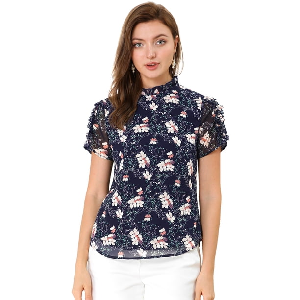Blusa Floral De Gasa De Gasa Con Ojo De Cerradura En La Espalda De Manga Corta Con Volantes Para Mujer Azul oscuro M Allegra K