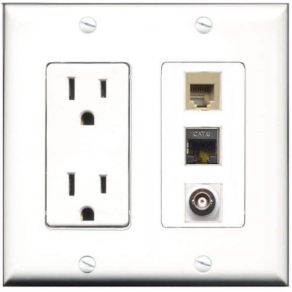 RiteAV - 15 Amp Power Outlet 1 Port Phone Beige 1 Port Shielded Cat6 Ethernet Ethernet 1 Port BNC Decorative Wall Plate