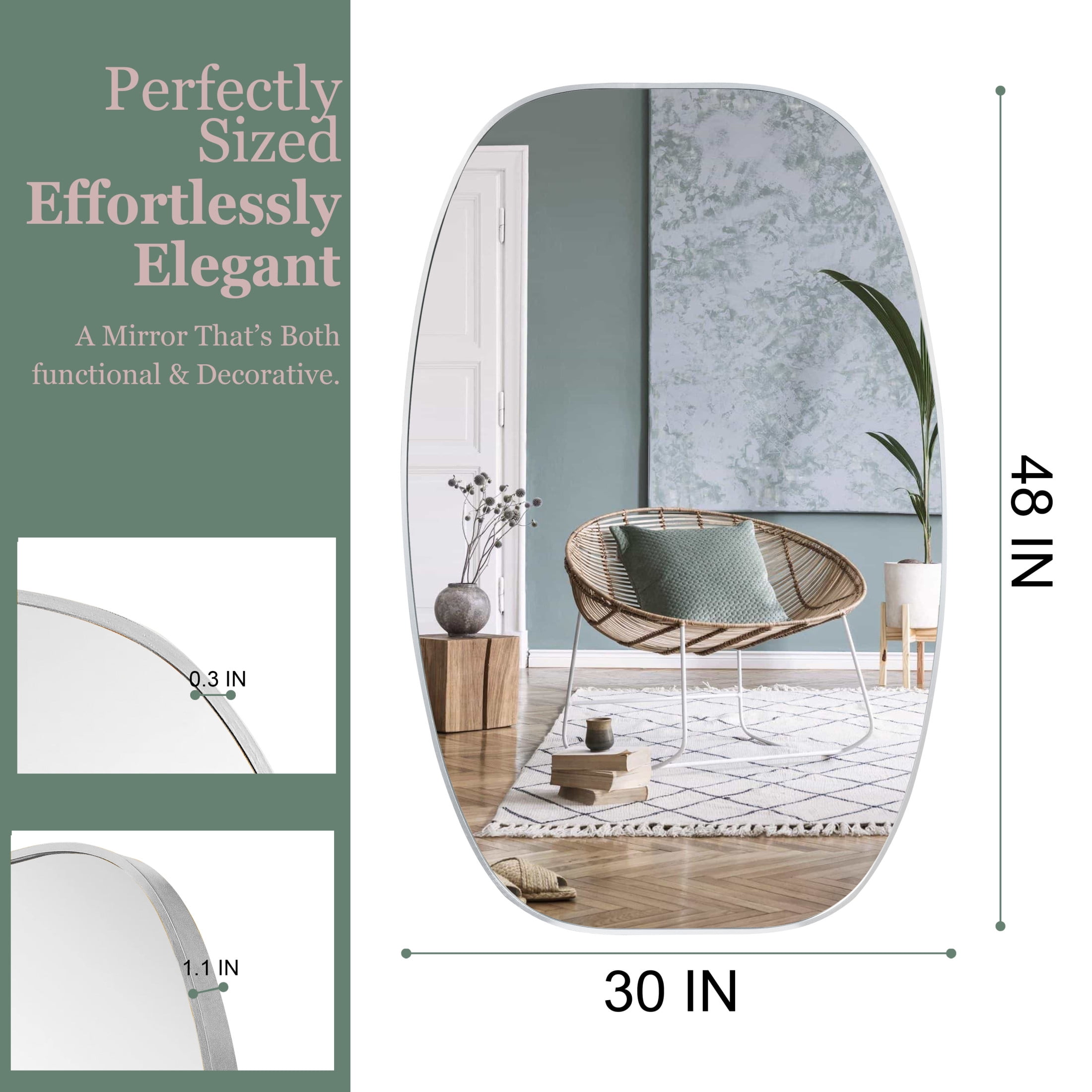 Noble House 30"x48" Unique Metal Framed Oval Wall Mirror, Modern Oblong Vanity Mirror for Bathroom & Entryway, Silver