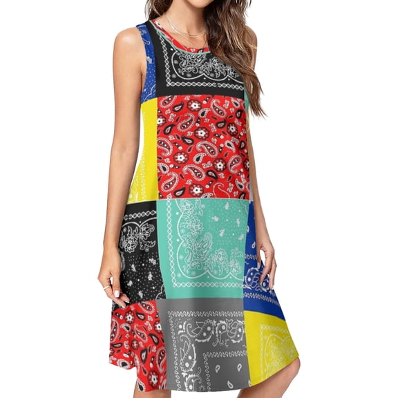 Bandana paisley patchwork pattern Spring Summer Dresses for Women Fashion T-shirt Dress Casual Sleeveless Loose Sundress with Pockets