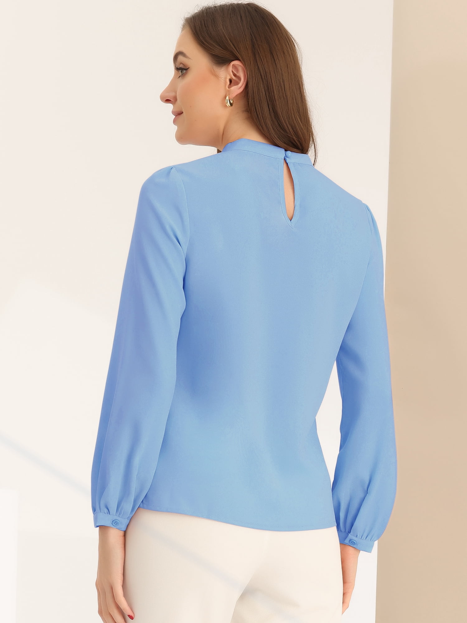 DARING DIVA Women's Work Office Mock Neck Long Sleeve Blouse XL Blue