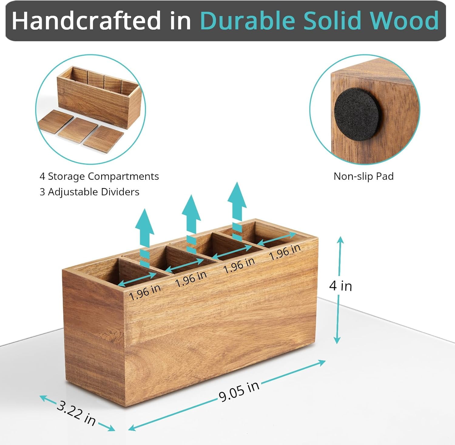 Pencil Pen Holder for Desk, Acacia Wood Office Desk Organizers and Accessories with 4 Slots Countertop, Makeup Brush Organizer Bathroom Vanity, Silverware Caddy Party