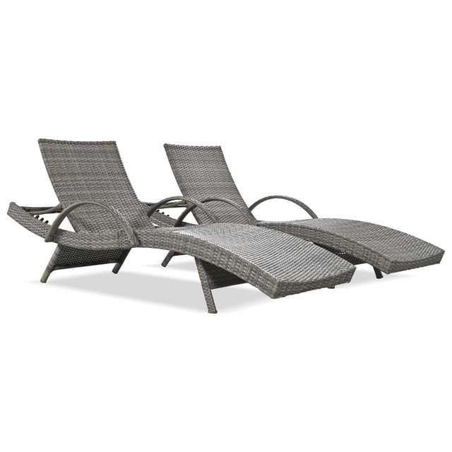 80'' Outdoor Wicker Chaise Lounge Chairs Set of 2, Patio Rattan Reclining Chair Pull-out Side Table 5 Adjustable Backrest Ergonomic Wave Design Pool Sunbathing Recliners, Grey