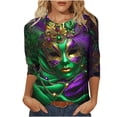 thumbnail image 2 of Mceream 3/4 Sleeve Mardi Gras Outfit for Women Mask Print 3/4 Sleeve Tops Orleans Carnival Party Shirt Tee Crewneck T-Shirts Funny Graphic Blouse plus size Green XXXXXL, 2 of 6
